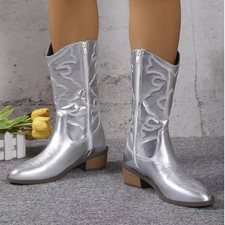 Cowboy Boots Mid Calf Ladies Heel Shoes Zip Western Rider Faux Leather Size New