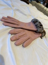 Ladies Powder Pink Leather Gloves with faux fur leopard print trim