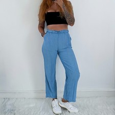 Ladies Blue Elasticated Drawstring High Waist Straight Leg Crinkle Trousers 10