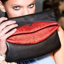 Just Cavalli Clutch / Crossbody Bag Handbag. Black genuine leather. Red Lips.