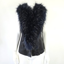 STUNNING WOMENS LEATHER & REAL FOX FUR GILET HOOK & EYE BLACK BLUE M L 12