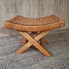 Fab TMC Vintage Woven Top Rattan Beech Wooden Foot Stool Collapsible Fold Down