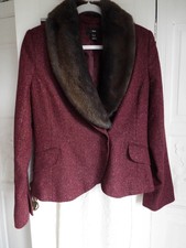 H & M dark plum tweed fitted Wool Blend Jacket Detachable faux fur collar UK12