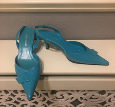 RIVER ISLAND:AMAZING TURQUOISE VERY POINTED TOE KITTEN HEELS UK4 E37 - JUST FAB!