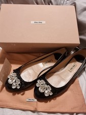 Boxed Miu Miu Black Gloss Leather Crystal Set Ballerina Flat Shoes Size 5 EU38 