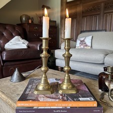 Antique Victorian Pair Of Brass Candle Stick Holder Nice Patina 23cm Tall 