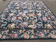 Old Hand Made Traditional Portages Wool Dark Green Needlepoint  359X307cm