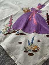 Vintage Antique Linen Hand-Embroidered Tablecloth Crinoline Lady Design