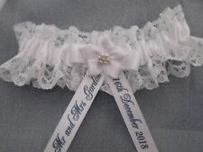 PERSONALISED WHITE BRIDES WEDDING GARTER WITH A DASH OF BLUE