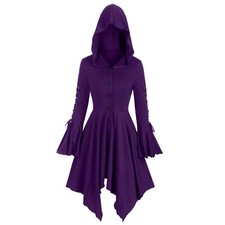 Women Gothic Hooded Steampunk Cloak Cape Coat Witch Cosplay Long Dress Jacket-UK