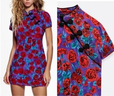 NWOT Zara Chinese Oriental Style Mini Dress Floral Rose Red  Blue Purple XS 4 6