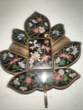 Antique Japanese Cloisonné Leaf Shape Ashtray & Matchbox Holder Set, 5 1/4 Inch