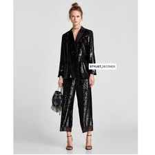 ZARA WOMEN STUDIO BLACK SEQUIN TUXEDO BLAZER JACKET SIZE MEDIUM PARTY