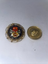 Small Floral Blue Red Micro Mosaic Gold Tone Brooch