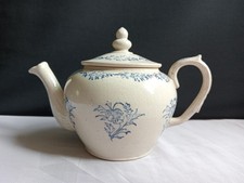 Antique French Saint Uze Teapot Terre d’Acier Pottery Blue Floral Pansy Viola