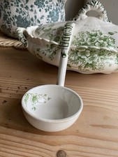 Vintage Ceramic Soup Punch Ladle Serving Spoon Green White Floral Design