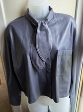 ZARA Grey/Blue Faux Leather Shirt Tie Neck Detail Size M