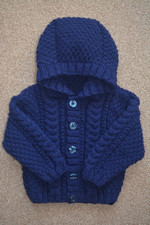 Hand Knitted baby boy aran hoodie cardigan in navy blue 6 - 12 months