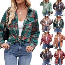 Women's Long Sleeve Check Plaid Flannel Button-Up Shirt Chest Pocket Oversized