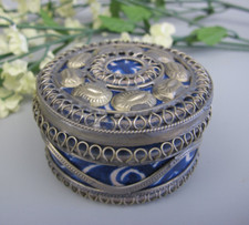 Fez Pottery Trinket Box. Islamic. Blue w/white metal overlay. Vintage Round 2.5"