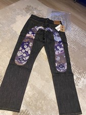 Evisu Mens Denim Jeans -Gold & Purple Floral Large Seagull Logo - New - 32 x 34