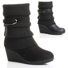WOMENS LADIES MID HIGH HEEL WEDGE KNITTED SLOUCH WINTER CALF ANKLE BOOTS SIZE