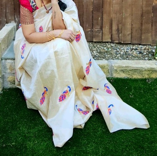 Women cream cotton silk - cream,