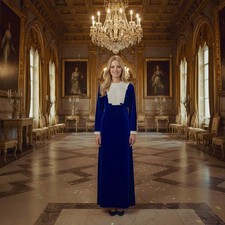 WOMEN'S/LADIES 70’S VINTAGE CLOTHES, ROYAl BLUE VELVET & LACE MAXI DRESS, 8