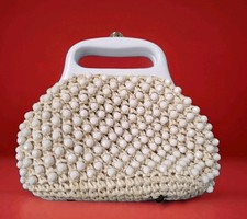 Unusual Vintage Purse/Handbag with Beads Woven In Wicker, With Bakelite Handle