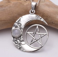 Pentagram Moonstone Pendant Sterling Silver 925 High Polish Finish Carved