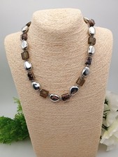 Elegant Chunky Beaded Necklace – Metallic Silver & Brown Glass Beads Pia Brand