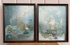 Two Vintage Jean Henry Framed Dufex Foil Print Pictures Fairy Frog Kitten Cat