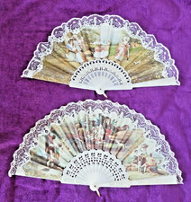 2 x Vintage Spanish Style Lace-Trimmed Folding Hand Fan - Figures on Cloth