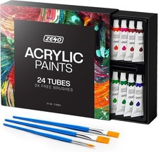 ACRYLIC PAINT SET TUBE 24 x 12ML, 3 FREE BRUSHES PERFECT FOR CANVAS WOOD CERAMIC