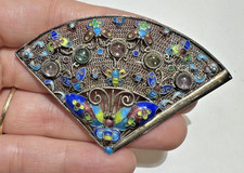 Chinese export Folding Hand Fan Cloisonne Enamel Silver Filigree Vintage Brooch