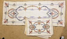 Vintage Hand Stitched Linen Table Sideboard Runner, 8 Matching Floral Place Mats