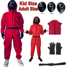 Kid/Adult Squid Red Jumpsuit Villain Uniform Mask Halloween Cosplay Costume Game