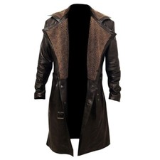 Men's Blade Runner Gothic German Belted WW2 Fur Leather Trench Long Brown Coat