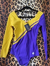 80s Vintage Purple Yellow Cheerleader leotard Size 8 10 Fancy Dress body top 