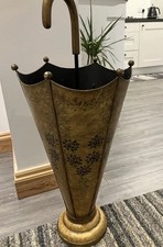 Vintage Toleware Umbrella Stand Hand Painted Floral Rose / Gold 1950s