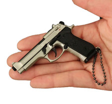 Miniature Gun Keychain Keyring Metal Working Parts Moving Slide Silver & Black