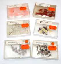 new old shop stock trout flies Buzzer, Booby Emerger, Suspender in 6 trade boxes