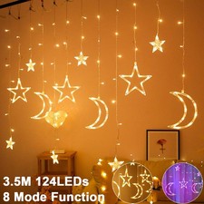 3.5M Twinkling Star Moon LED Ramadan Curtain Lights 8 Mode Eid Mubarak Decor UK