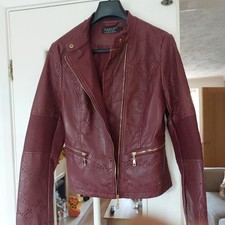PUSSYCAT Never Worn London Size 12 Leather Look Jacket In Burgundy Colour
