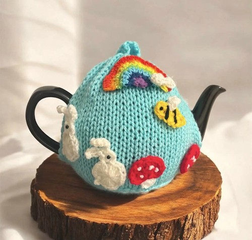 Knitted tea cosy with bunny - tea,