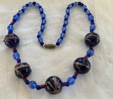 Vintage Murano Blue Wedding Cake Glass Bead Necklace With Gold Aventurine.