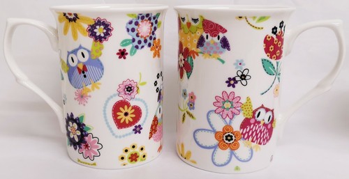 Owls flowers hearts mugs set - flowers,