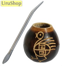 K28 CARVED MATE GOURD & BOMBILLA SET (CUP AND STRAW) YERBA MATE - DANCING BIRD