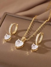 3 Piece Jewellery Set - Gold & Diamond Heart Hoop Earrings And Necklace 