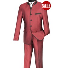 HAS TO GO! Sharkskin Slim-Fit Banded-Collar Nehru Church Suit WINE, 36S, $299+